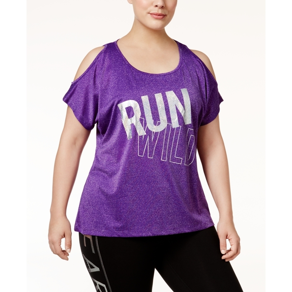 Material Girl Womens Activewear Plus Metallic Slogan Pullover T-Shirt Size 2X